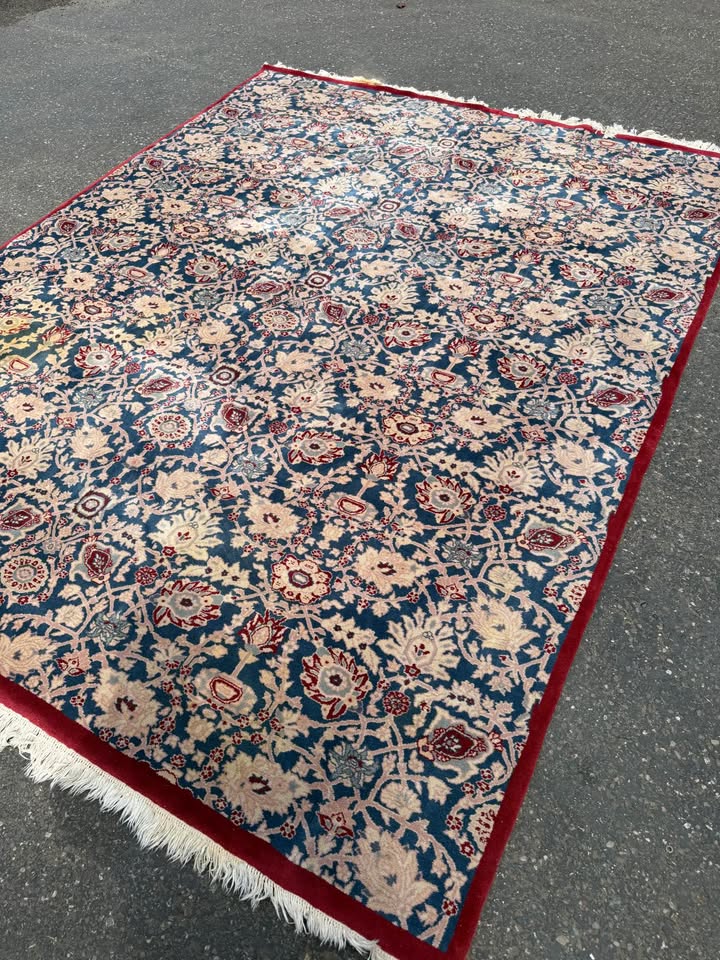 Pure Wool Blue Red Cream Floral Rug