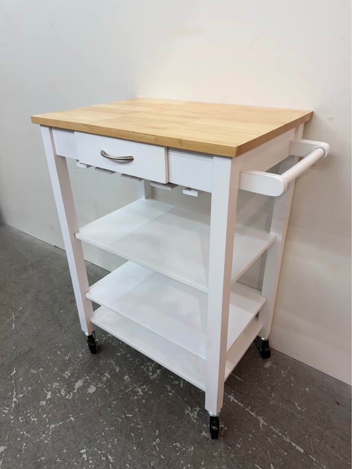 White Kitchen Cart with Butcher Block Style Top