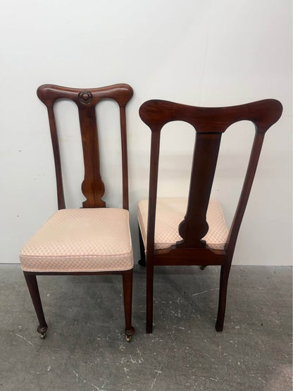 Pair of Vintage Queen Anne Carved Mahogany Wood Chairs with Front Wheels