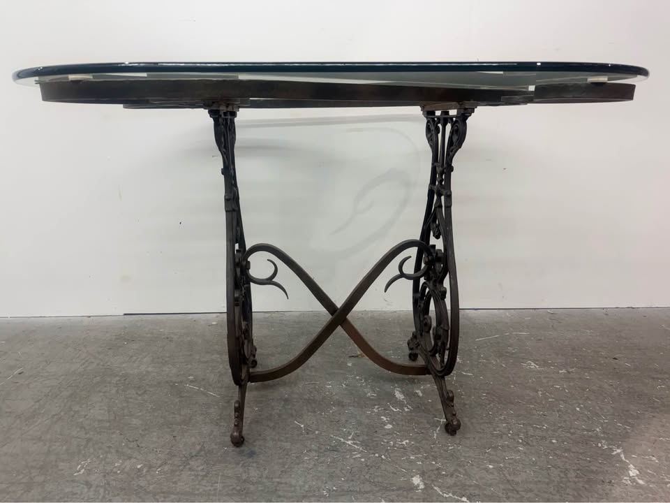 Antique Ornate Wrought Iron Base/Glass Top Console Table with Wheels