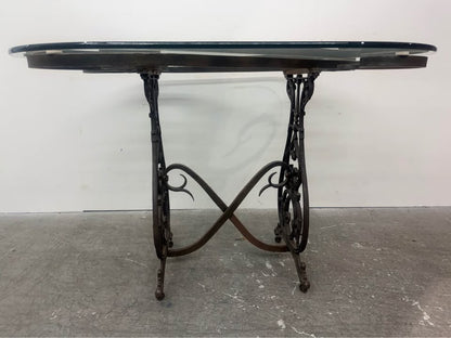 Antique Ornate Wrought Iron Base/Glass Top Console Table with Wheels