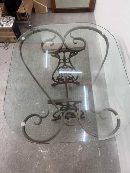Antique Ornate Wrought Iron Base/Glass Top Console Table with Wheels