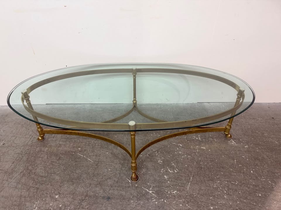 1980s Labarge MCM Brass Base and Oval Glass Top