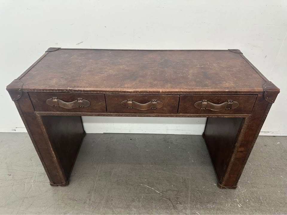 Restoration Hardware Leather Mayfair Steamer Trunk 3 Drawer Desk