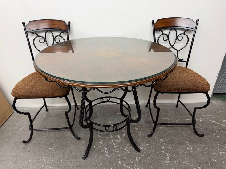 Round Wood and Metal Dining Table with 4 Chairs