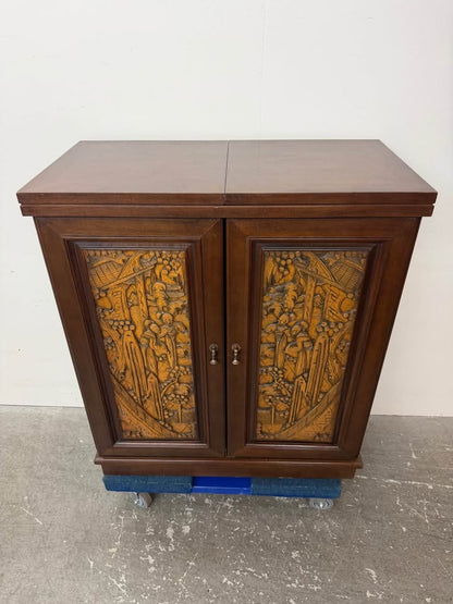 Vintage Carved Wood Asian Dry Bar Cabinet