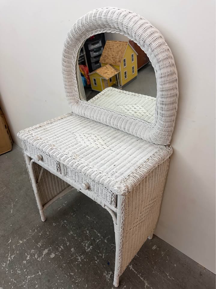 White Wicker Vanity with Mirror