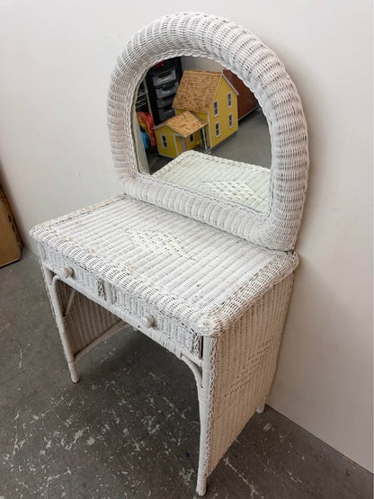 White Wicker Vanity with Mirror