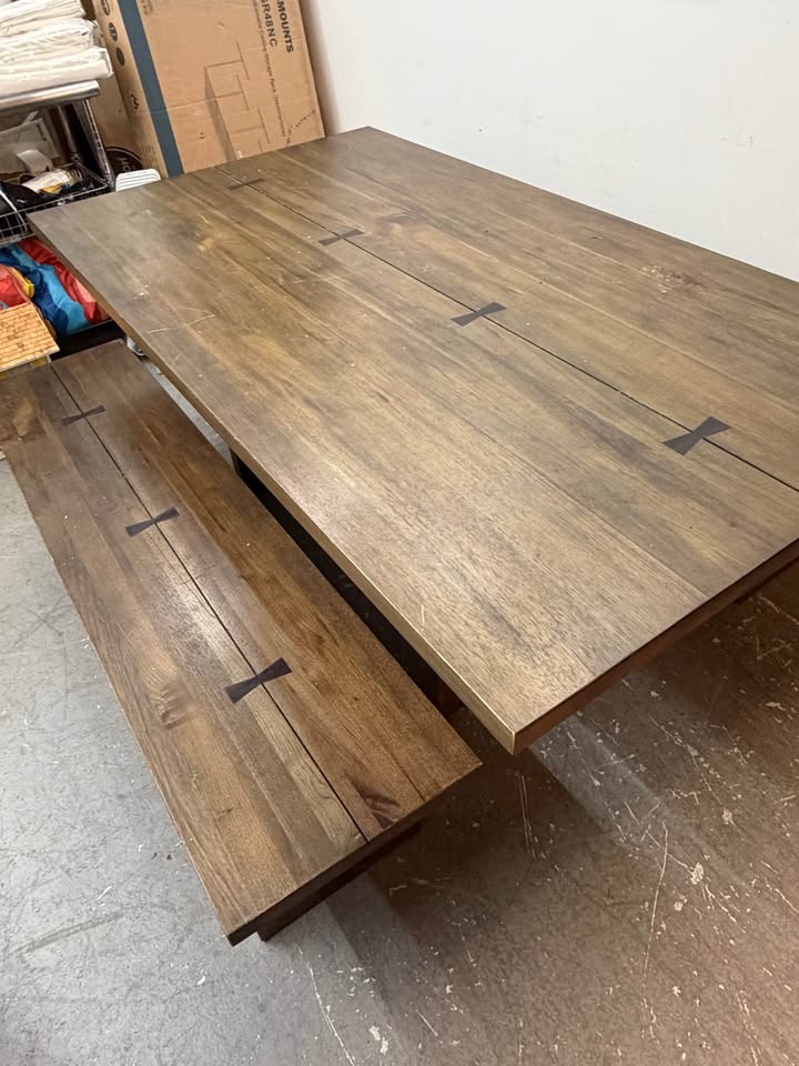 Rustic Wood Dining Table with Two Benches