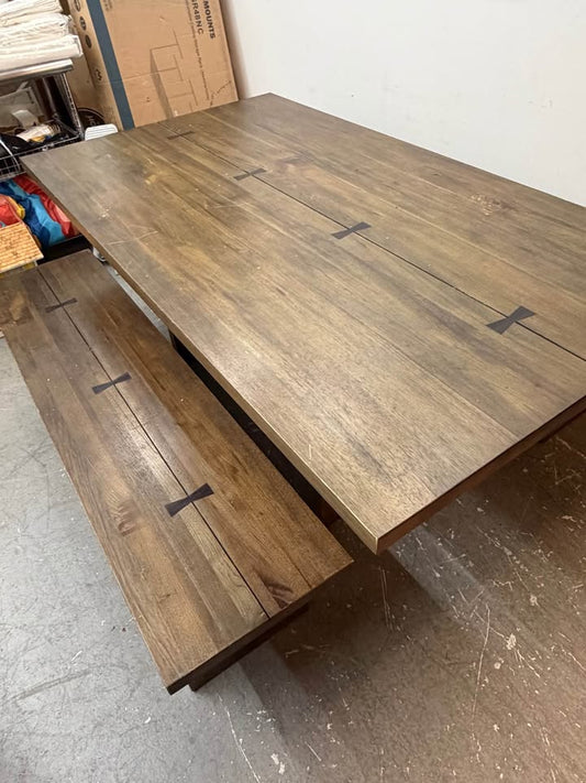Rustic Wood Dining Table with Two Benches