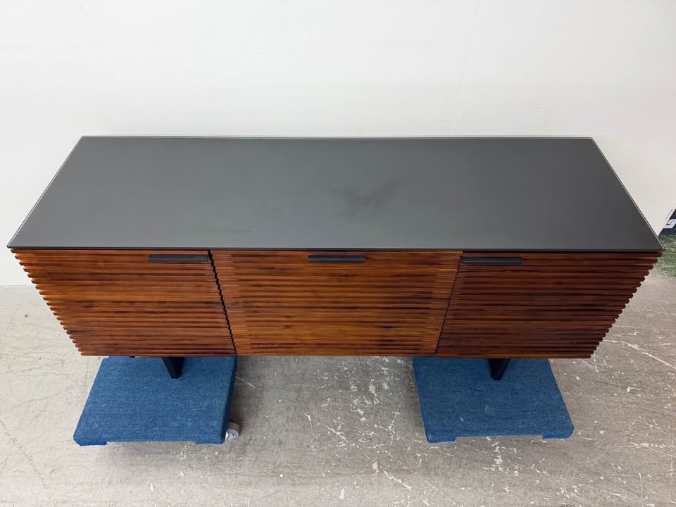 BDI USA Modern Slatted Wood /Black Tempered Glass Sideboard Credenza
