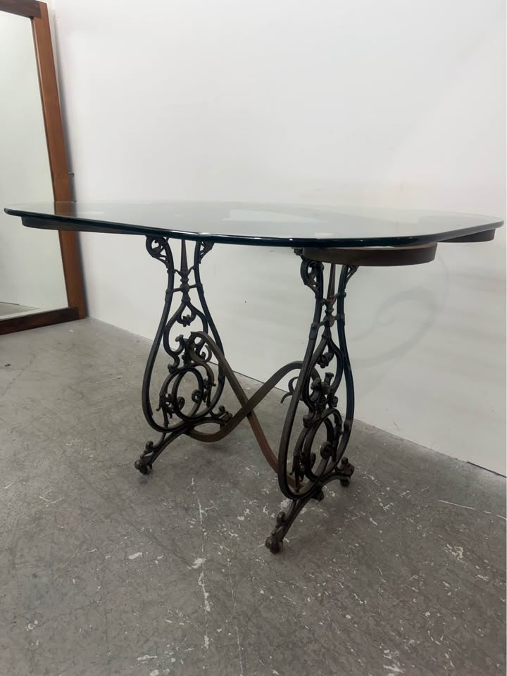 Antique Ornate Wrought Iron Base/Glass Top Console Table with Wheels