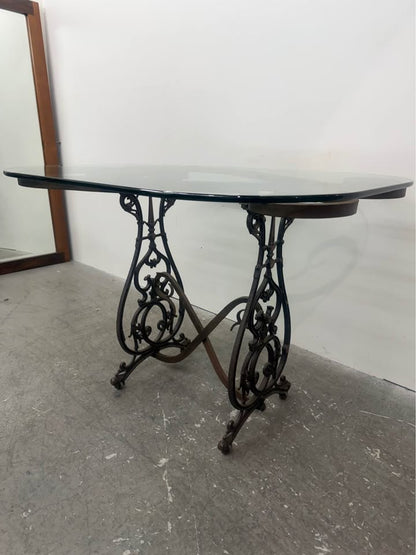 Antique Ornate Wrought Iron Base/Glass Top Console Table with Wheels