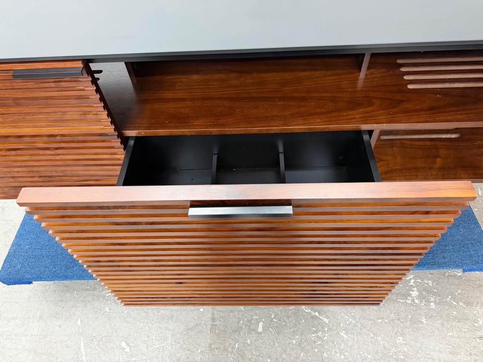 BDI USA Modern Slatted Wood /Black Tempered Glass Sideboard Credenza