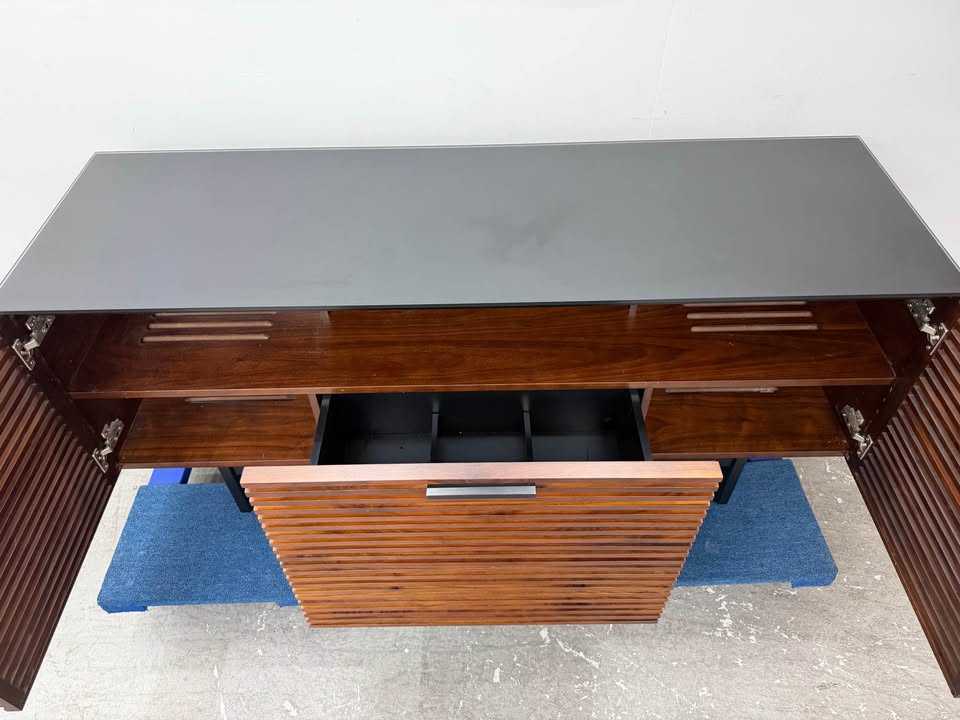 BDI USA Modern Slatted Wood /Black Tempered Glass Sideboard Credenza