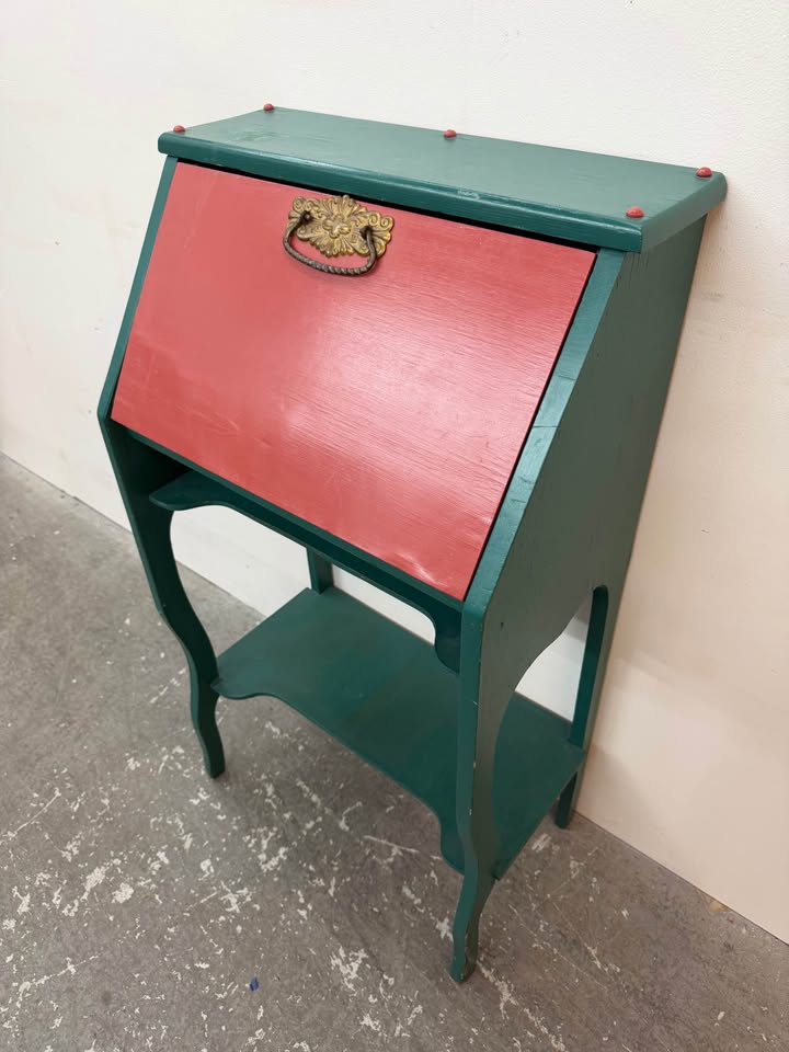 Vintage Green and Red Drop-Front Secretary Desk