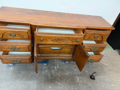 Matching Vintage Oak Bedroom Set: Dresser with Tri-Fold Mirror and Tall Chest