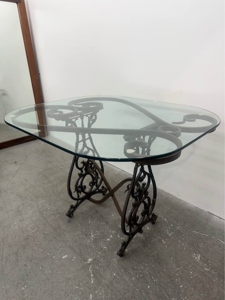 Antique Ornate Wrought Iron Base/Glass Top Console Table with Wheels