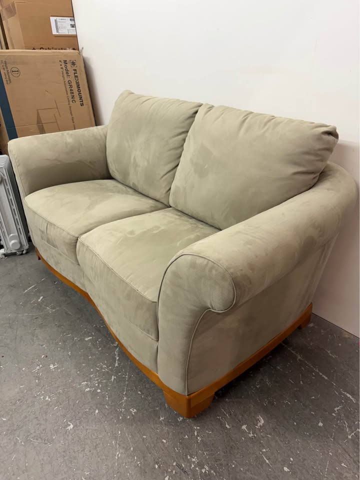 Sage Green Microfiber Loveseat with Wood Base