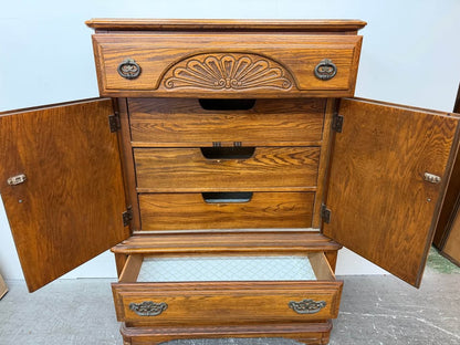 Matching Vintage Oak Bedroom Set: Dresser with Tri-Fold Mirror and Tall Chest
