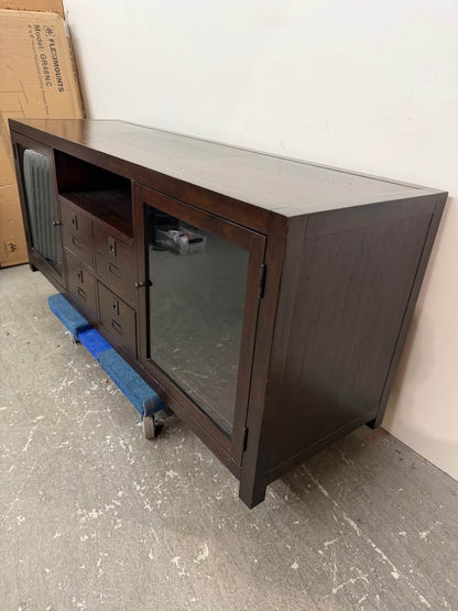 Dark Wood Media Console with Glass Doors and Apothecary Drawers
