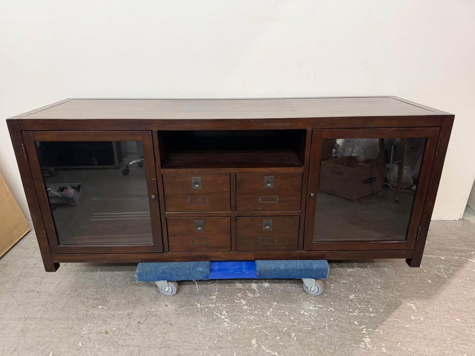 Dark Wood Media Console with Glass Doors and Apothecary Drawers