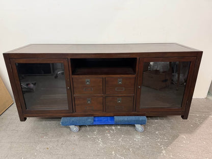 Dark Wood Media Console with Glass Doors and Apothecary Drawers