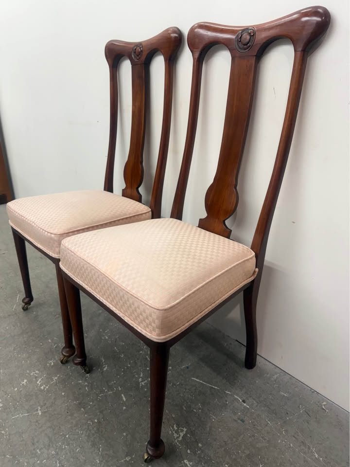 Pair of Vintage Queen Anne Carved Mahogany Wood Chairs with Front Wheels
