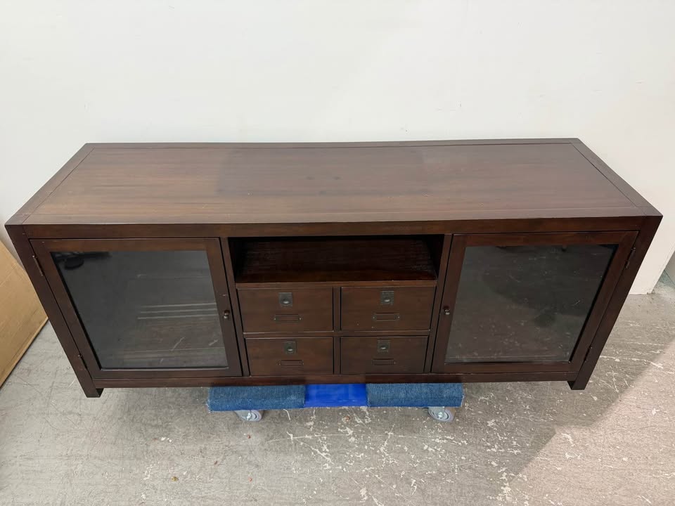 Dark Wood Media Console with Glass Doors and Apothecary Drawers