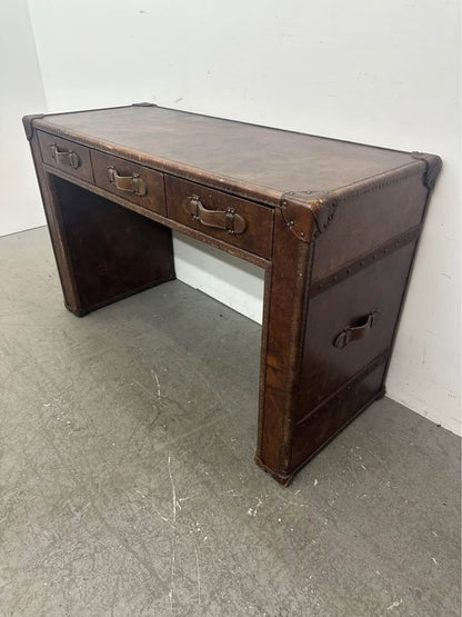 Restoration Hardware Leather Mayfair Steamer Trunk 3 Drawer Desk