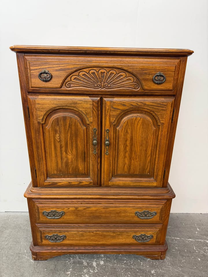Matching Vintage Oak Bedroom Set: Dresser with Tri-Fold Mirror and Tall Chest