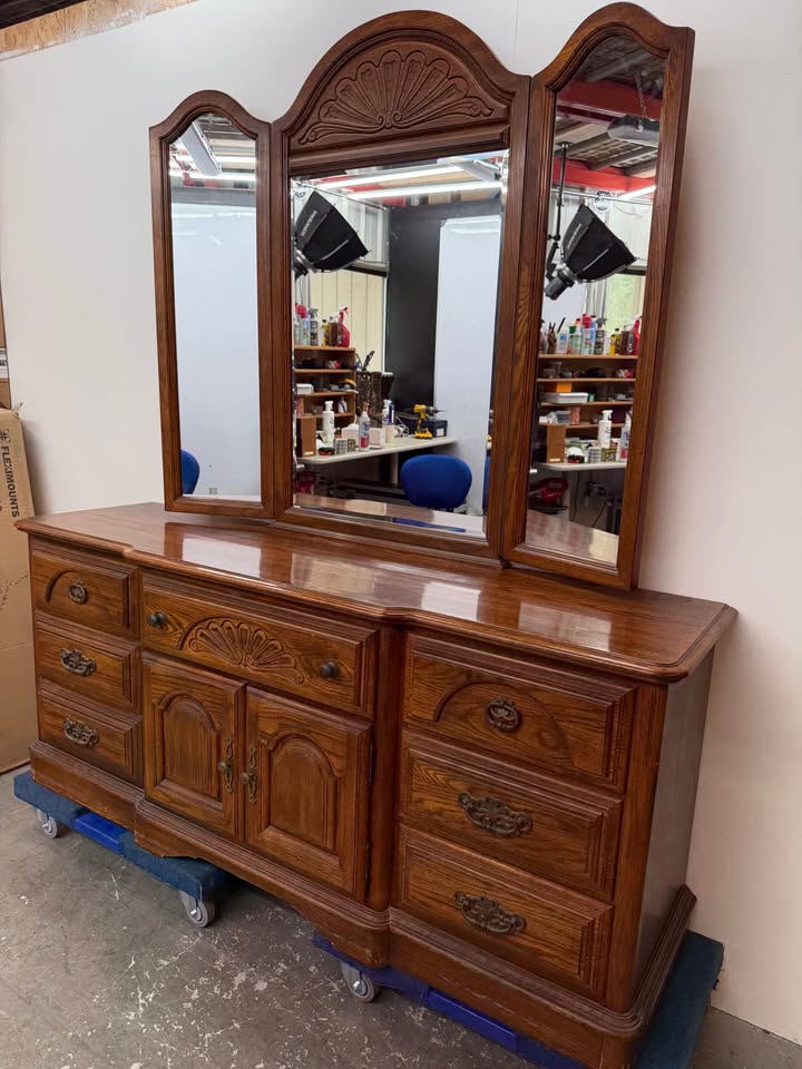 Matching Vintage Oak Bedroom Set: Dresser with Tri-Fold Mirror and Tall Chest