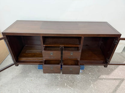 Dark Wood Media Console with Glass Doors and Apothecary Drawers