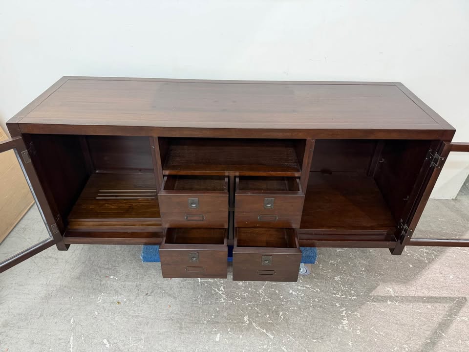 Dark Wood Media Console with Glass Doors and Apothecary Drawers