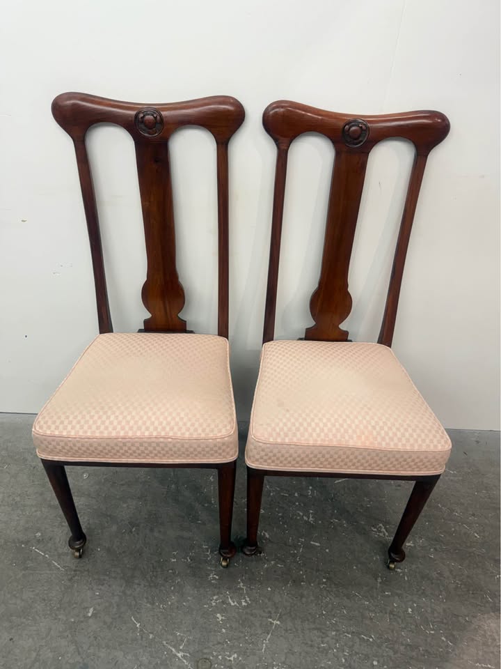 Pair of Vintage Queen Anne Carved Mahogany Wood Chairs with Front Wheels