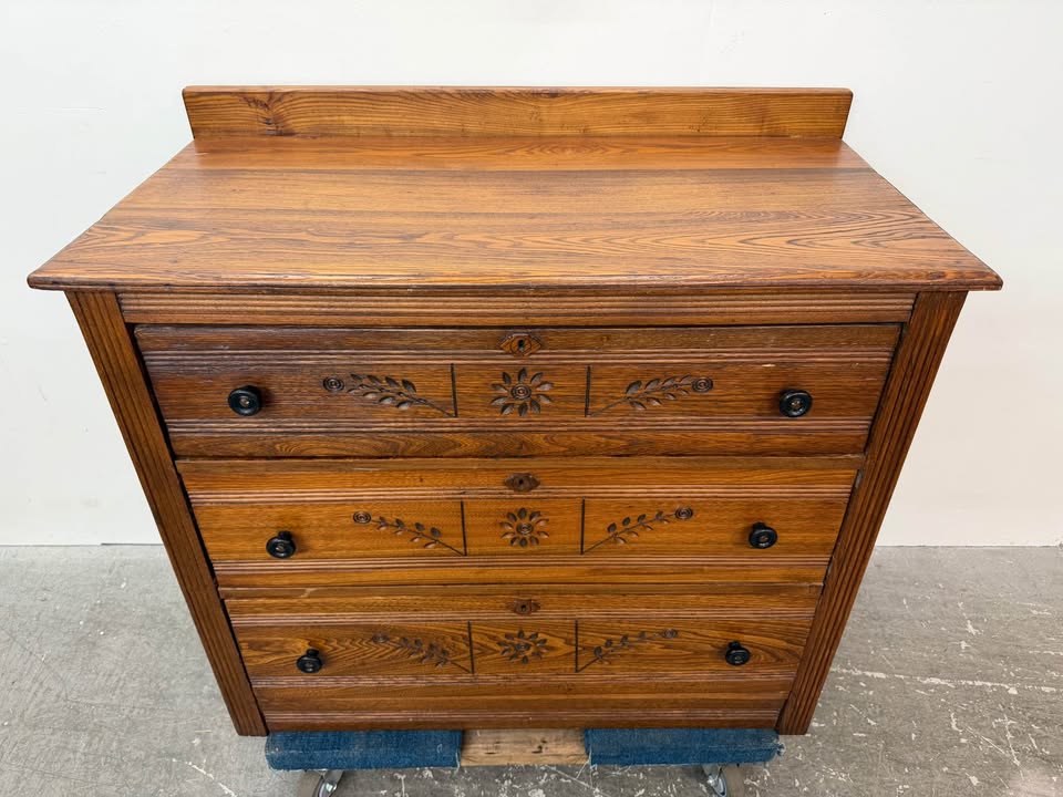 Antique Carved Wood 3-Drawer Dresser