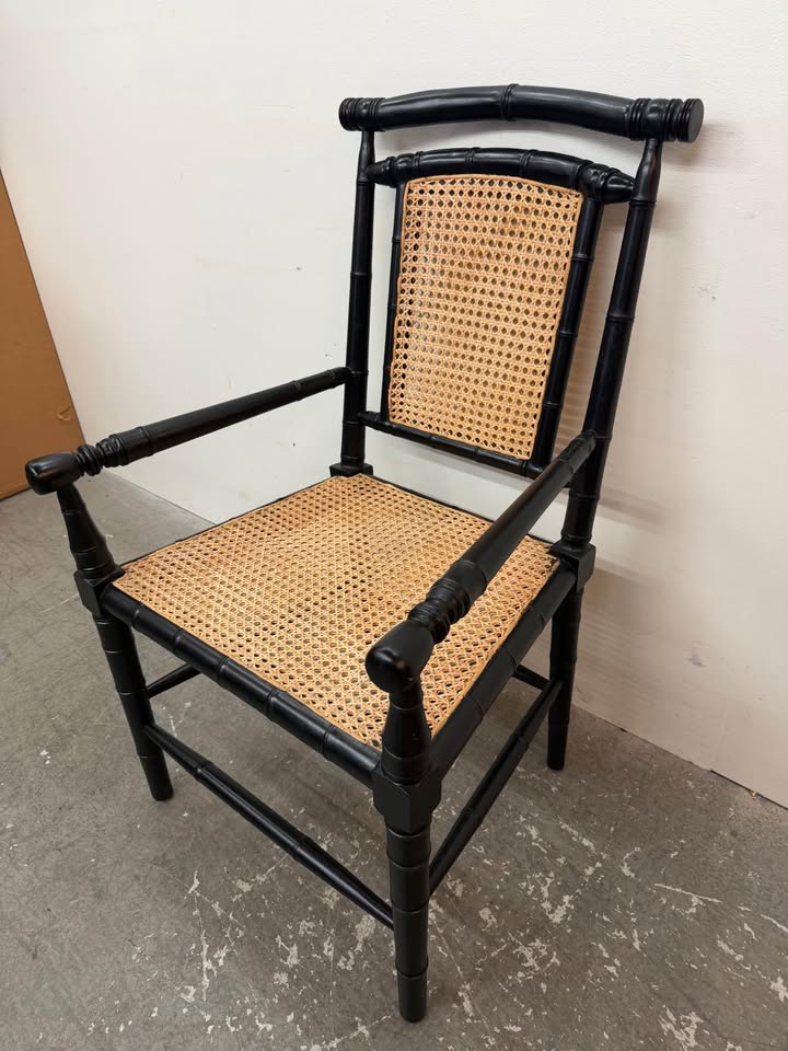 Black Faux Bamboo Armchair with Cane Seat