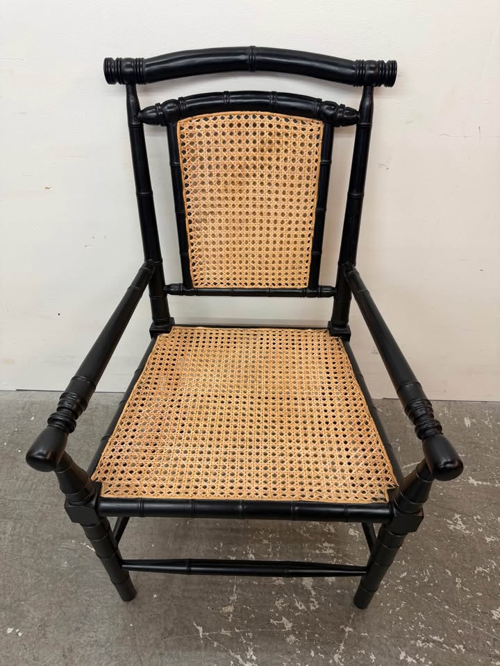 Black Faux Bamboo Armchair with Cane Seat