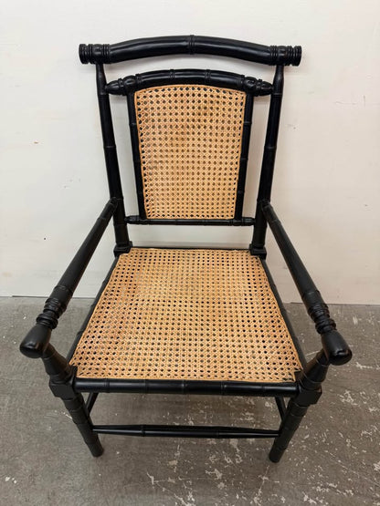Black Faux Bamboo Armchair with Cane Seat
