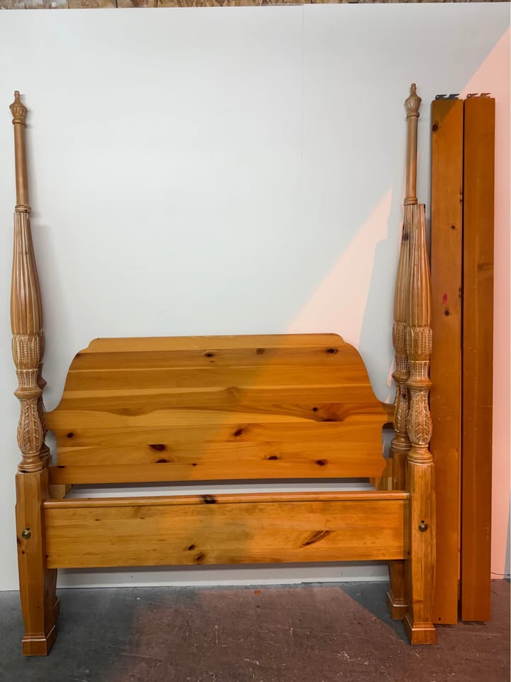 Vintage Rustic Queen Carved Pine Post Platform Bed