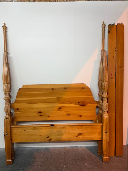 Vintage Rustic Queen Carved Pine Post Platform Bed