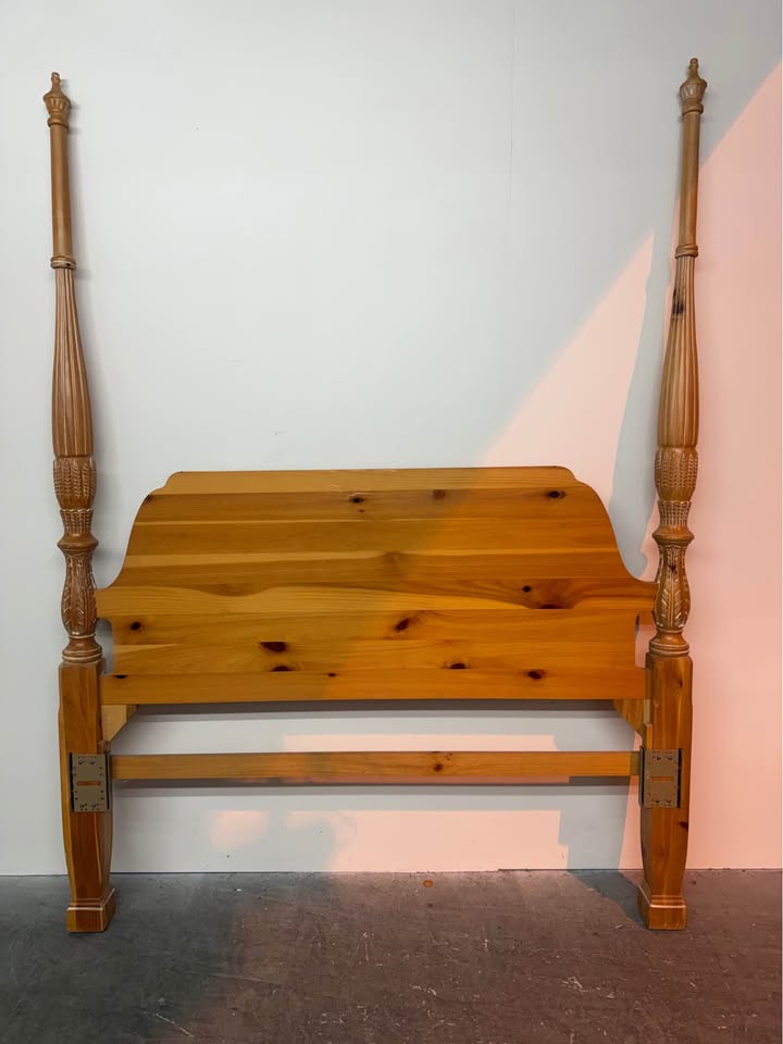 Vintage Rustic Queen Carved Pine Post Platform Bed