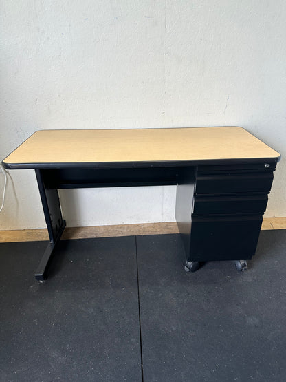 Rolling Oak Wood Office Desk With Metal Drawers #0710