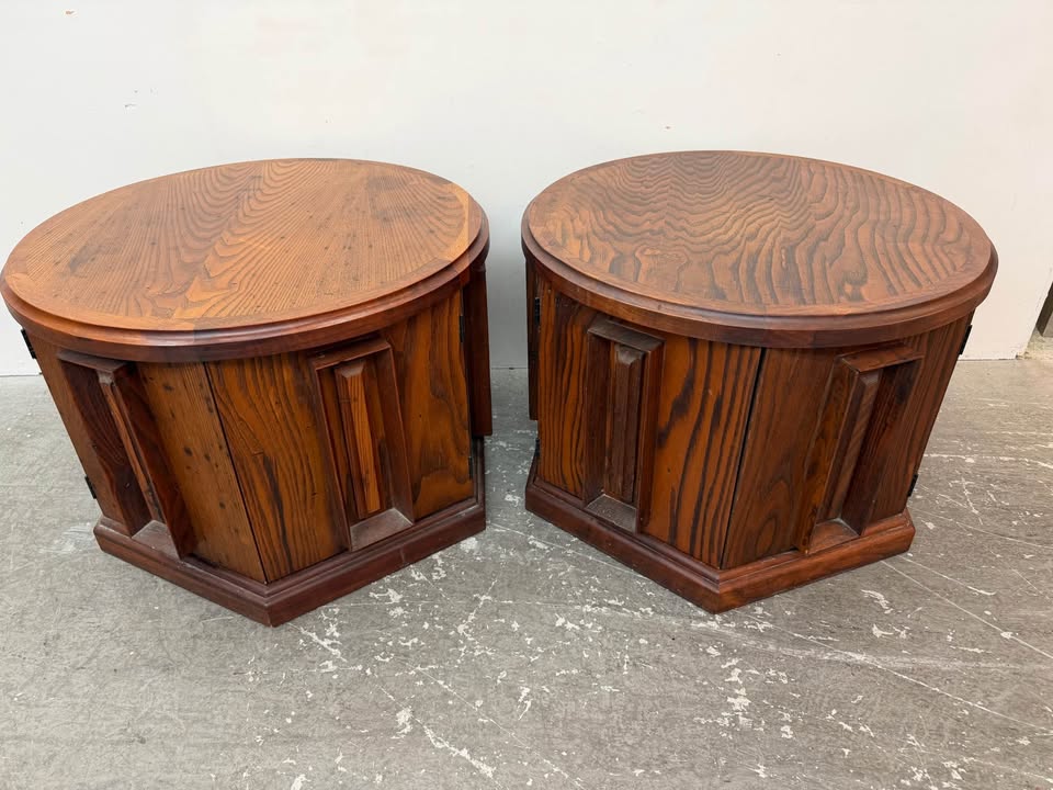 Pair of Vintage Mid-Century Modern Wood Drum End Tables #2343
