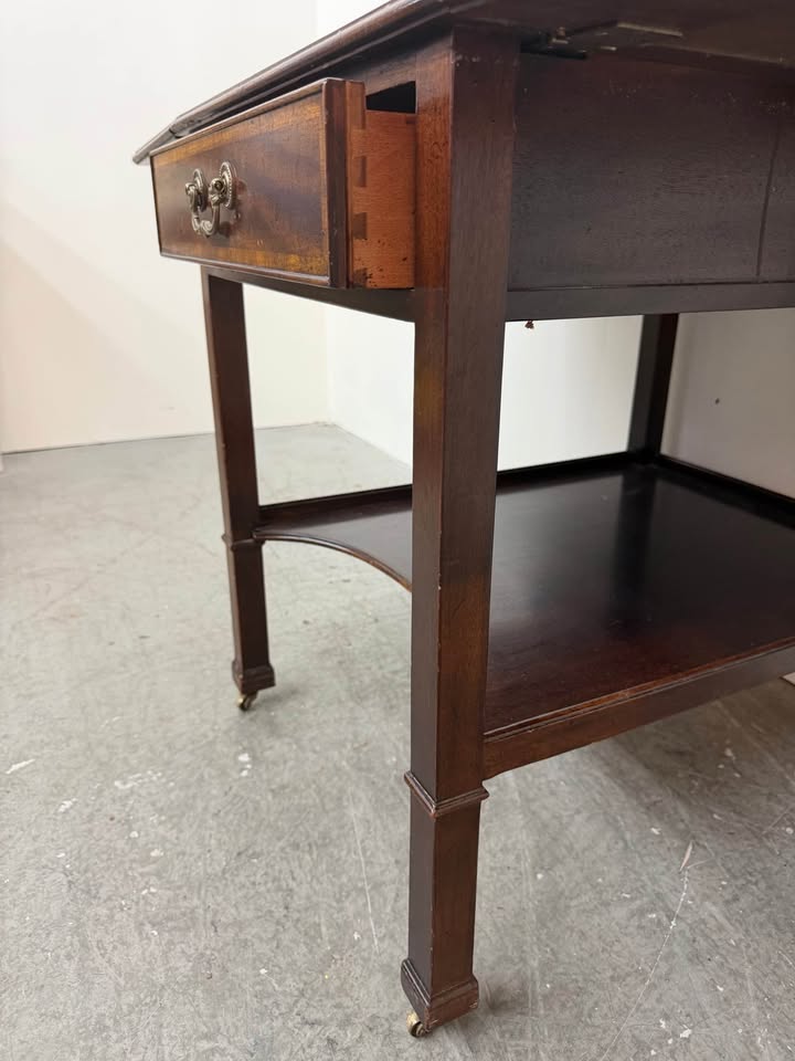 Solid Mahogany Drop-Leaf Side Table with Inlay and Dovetail Drawer #2437