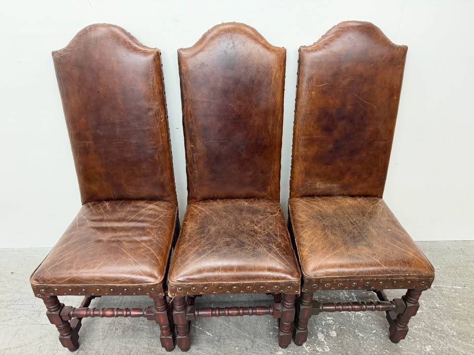 Set of 3 Distressed Brown Leather Spanish Style Dining Chairs
