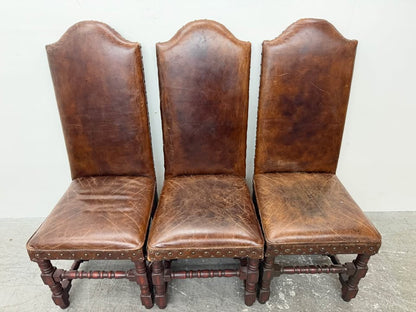 Set of 3 Distressed Brown Leather Spanish Style Dining Chairs