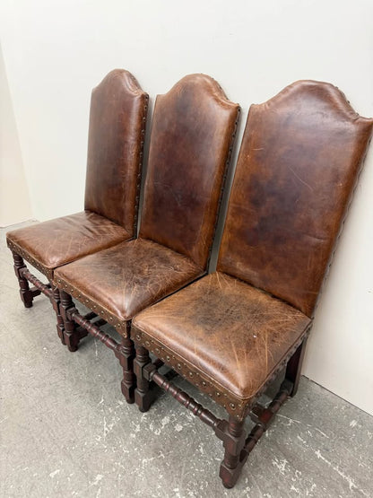Set of 3 Distressed Brown Leather Spanish Style Dining Chairs