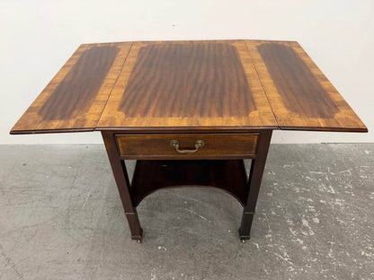 Solid Mahogany Drop-Leaf Side Table with Inlay and Dovetail Drawer #2437