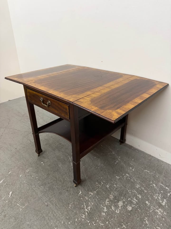 Solid Mahogany Drop-Leaf Side Table with Inlay and Dovetail Drawer #2437